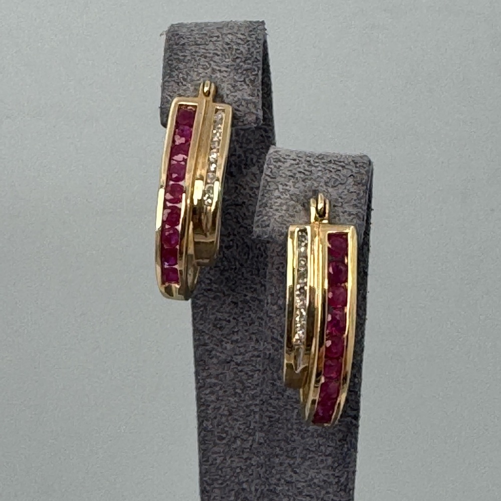 SOLD - 18K YELLOW GOLD HOOP EARRINGS WITH DIAMONDS & RUBY